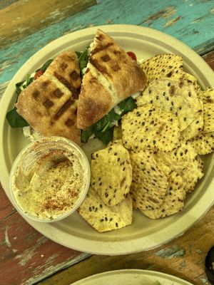 Panini with spinach and cashew cheese and hummus  at Hippy Chick Hummus in Frederick