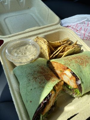 Buffalo Cauliflower wrap with hummus & chips  at Hippy Chick Hummus in Frederick