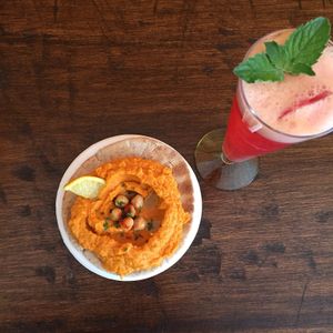 Red Pepper Hummus + Kombucha on tap at Hippy Chick Hummus in Frederick