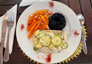 Delicious lasagna with zucchini, broccoli and cashew cheese, black rice and carrot salad. It also came with an organic salad and cevice. at Nacasadela in Penedo
