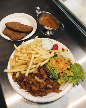 Gyros with fries and salad and schnitzel. OMG so tasty at Backbord Vegan in Berlin