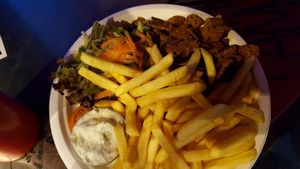 M5 on the menu. Fries, salad with lovely dressing, tzaziki and gyros   at Backbord Vegan in Berlin