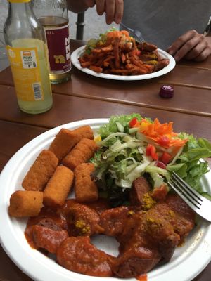 currywurst with crocettes/sweet potatoe fries at Backbord Vegan in Berlin