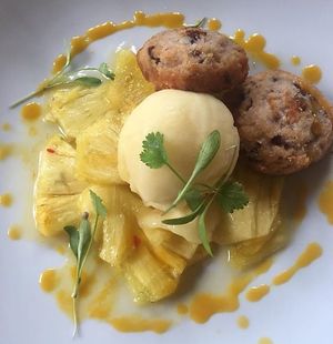 Vegan dessert option - Pineapple carpaccio with passion fruit sorbet and macaroons at The Monkey House in Lymington