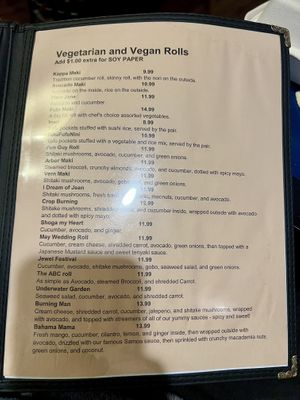 The veg menu   at Tahoe City Sushi in Tahoe City