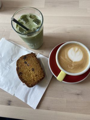 Iced Oat Milk Matcha Latte, Oat Milk Cappuccino and a slice of Carrot Cake!  at Leaves House | in Montreal