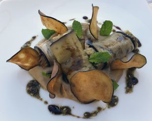 AUBERGINES MMM 
Eggplant textures with miso, honey (can be retired) and mint 
 at Passio Mediterrania in Mahon