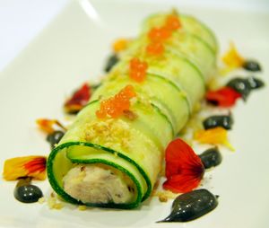 Zucchini cannelloni, stuffed with seitan, and
Black garlic 'vegamel' (vegan bechamel) at Passio Mediterrania in Mahon