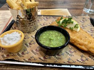 Beer battered cod with fries and minted mushy peas   at Got No Beef in Cardiff