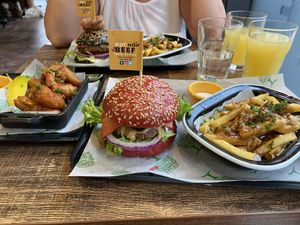 Shrimp on the right, Better in Colour burger in the middle and poutine fries on the right 👌  at Got No Beef in Cardiff