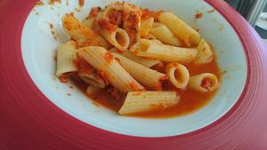 Overcooked pasta with its watery tomato sauce... at The Healthy in Escaldes-engordany