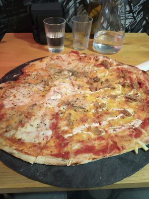 Half 4 cheese half vegan number 2 at Pizzeria Trozo in Bilbao