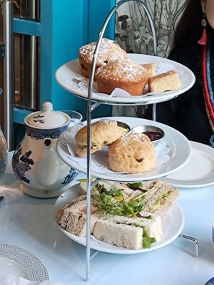 Vegan afternoon tea with blueberry and coconut muffin at The Willow Tea Rooms in Glasgow