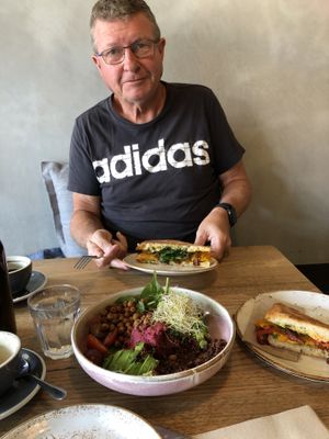 Nourish bowl and pumpkin focaccia to share! Delicious!  at Fitz Cafe in Wagga Wagga