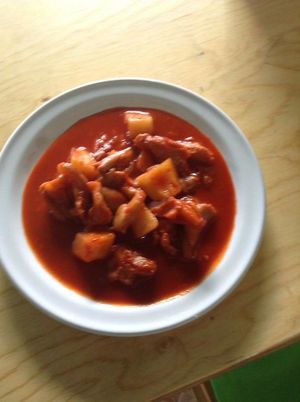 zetas en salsa de guajillo con papas  at El Mana Vegetarian in Mexico City