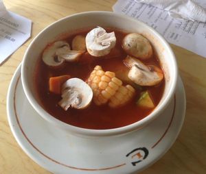 moles de olla con champiñones  at El Mana Vegetarian in Mexico City