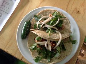 taquitos de suadero ( croqueta de elote) at El Mana Vegetarian in Mexico City