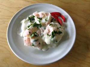papa en salsa blanca  at El Mana Vegetarian in Mexico City