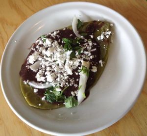 huarache de nopal  at El Mana Vegetarian in Mexico City