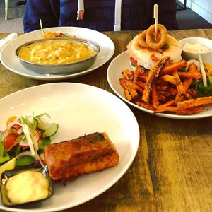 Mac’n’cheese, tofish, chickeni burger with sweet potato fries at No 18 Cafe in Swansea