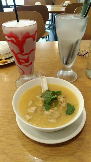 Corn soup, milk shake, coconut juice at An Nguyen Vegan in Canberra