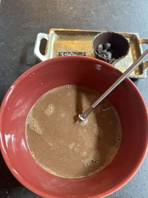 50-ish% (sweetest option) dark chocolate 8€ + oat milk 2€ (🙄)  at The Old Chocolate House in Bruges