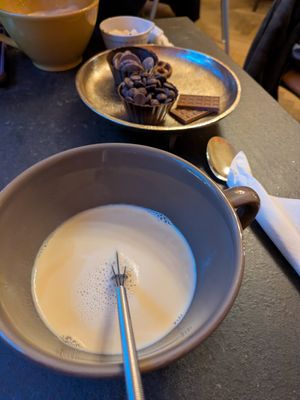 Oat milk and chocolate drops at The Old Chocolate House in Bruges