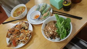 fresh springrolls, dumpling soup, wontons, noodles with mock meat at Nhat Da in Hoi An