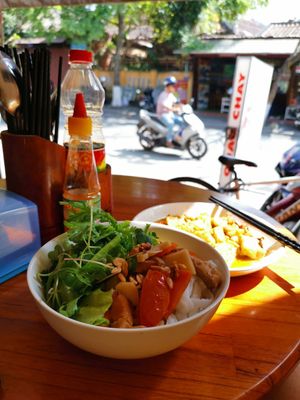 Noodles and lemongrass tofu (the dish behind) at Nhat Da in Hoi An