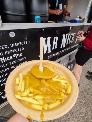 The empora pie with chips and curry sauce at Mr Nice Pie​ in Port Talbot