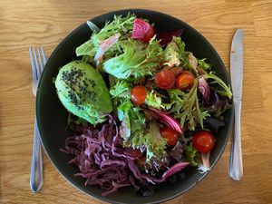 Plant based salad. Delicious and filling with half an avocado and lots of nuts & seeds  at Street Organics in Takapuna
