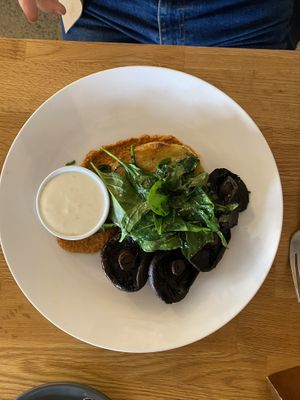 Mushrooms, potato cake & sun dried tomato pesto  at Street Organics in Takapuna