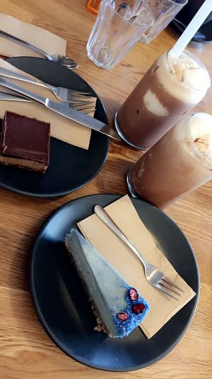 raw caramel slice, vegan cheesecake, iced chocolates with coconut ice cream at Street Organics in Takapuna