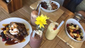 smoothies, iced chocolate, vegan matcha waffles, granola and açai bowl at Street Organics in Takapuna