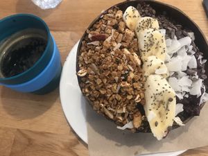 Açai bowl in a coconut shell at Street Organics in Takapuna