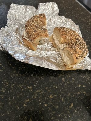 Everything bagel with plain vegan cream cheese   at Bare Naked Bakery in Bellmore