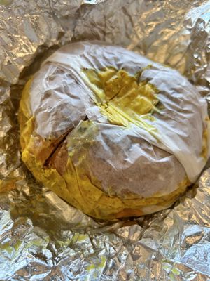 Vegan egg and vegan sausage on a whole-wheat everything bagel   at Bare Naked Bakery in Bellmore