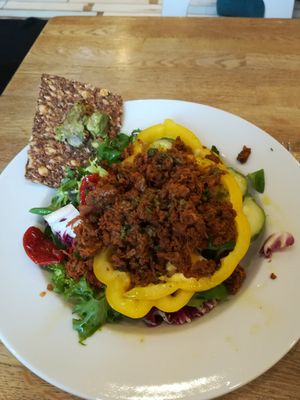 Described as 'pulled oats' - this Nordic protein substitute was a great find! at Kaffila in Tampere