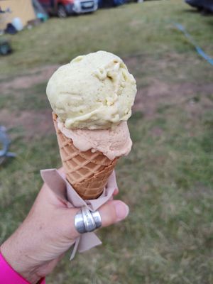 Earl Grey & biscuit and pistachio double scoop at Ice Green in Cardigan