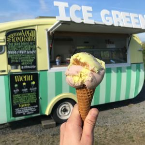 Rhubarb & Custard gluten free cone at Ice Green in Cardigan
