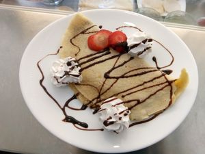 Crepe with chocolat, strawberries, chantilly and chocolat topping. Absolutly Vegan, absolutly Delicious. 4,50€. at Pecado Saudável in Porto