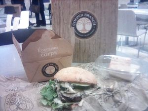 Portabello mushroom burger with poutine (in the box) and lime cheesecake at Copper Branch in Toronto