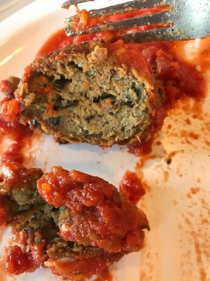 Eggplant meatball w red sauce  at Tiga's Artisan Pizzeria in Medford