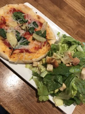Mini Mia pizza with vegan cheese, roasted artichoke hearts and spinach. Caesar salad with red wine vinaigrette and no cheese. at SPIN Neapolitan Pizza in Richardson