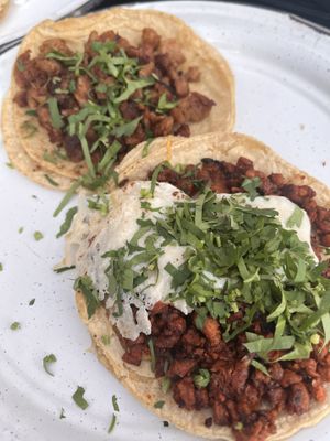 Tacos - chorizo with cheese and brisket  at Por Siempre Vegana Vol II in Mexico City
