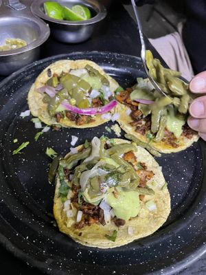 Taco’s Pastor with cactus 🌵 and salsa   at Por Siempre Vegana Vol II in Mexico City