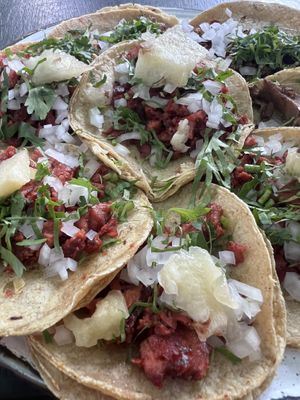 Al pastor mainly, plus some others mixed in   at Por Siempre Vegana Vol II in Mexico City