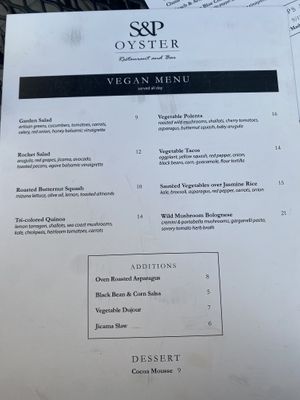 Vegan Menu  at S&P Oyster Company in Mystic