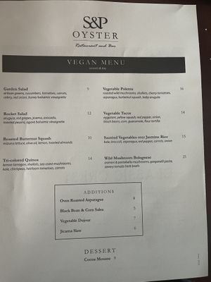 Vegan menu  at S&P Oyster Company in Mystic