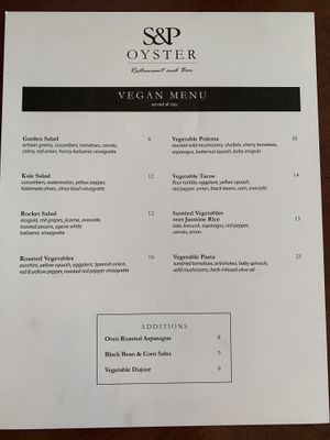 Separate vegan menu  at S&P Oyster Company in Mystic